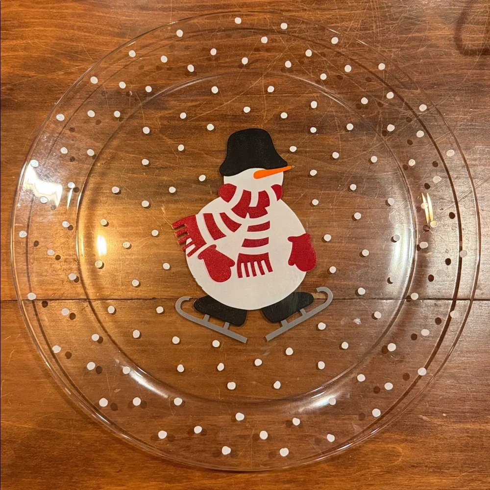 Crate&Barrel Skating Snowman Glass Large Platter Plate 12” Dishwasher Micro Safe
